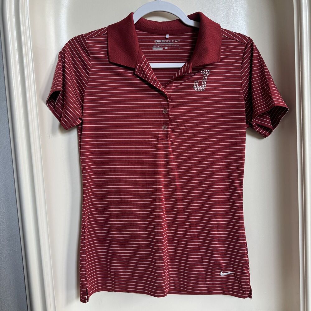 Nike Women's Tech Stripe Polo Varsity Red/White with J Bedazzle Size Small